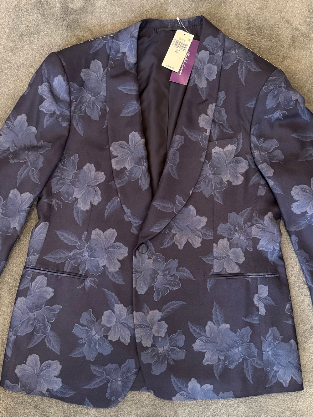 Purple Label 100% Silk Handmade Ralph Lauren Navy Floral Shawl Collar Blazer